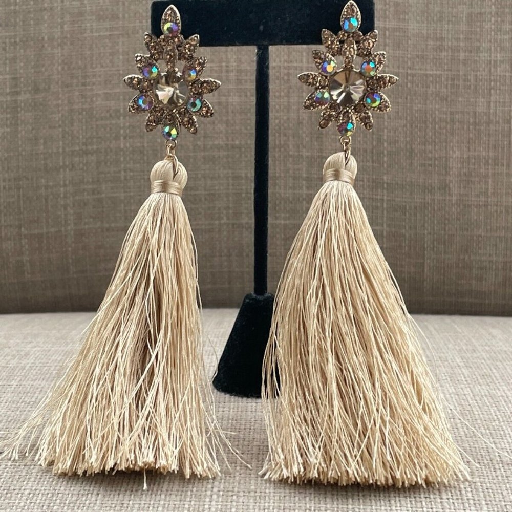 Nordstrom Women Earrings Long Tassel Gold Tone Multi Color Crystal Accents